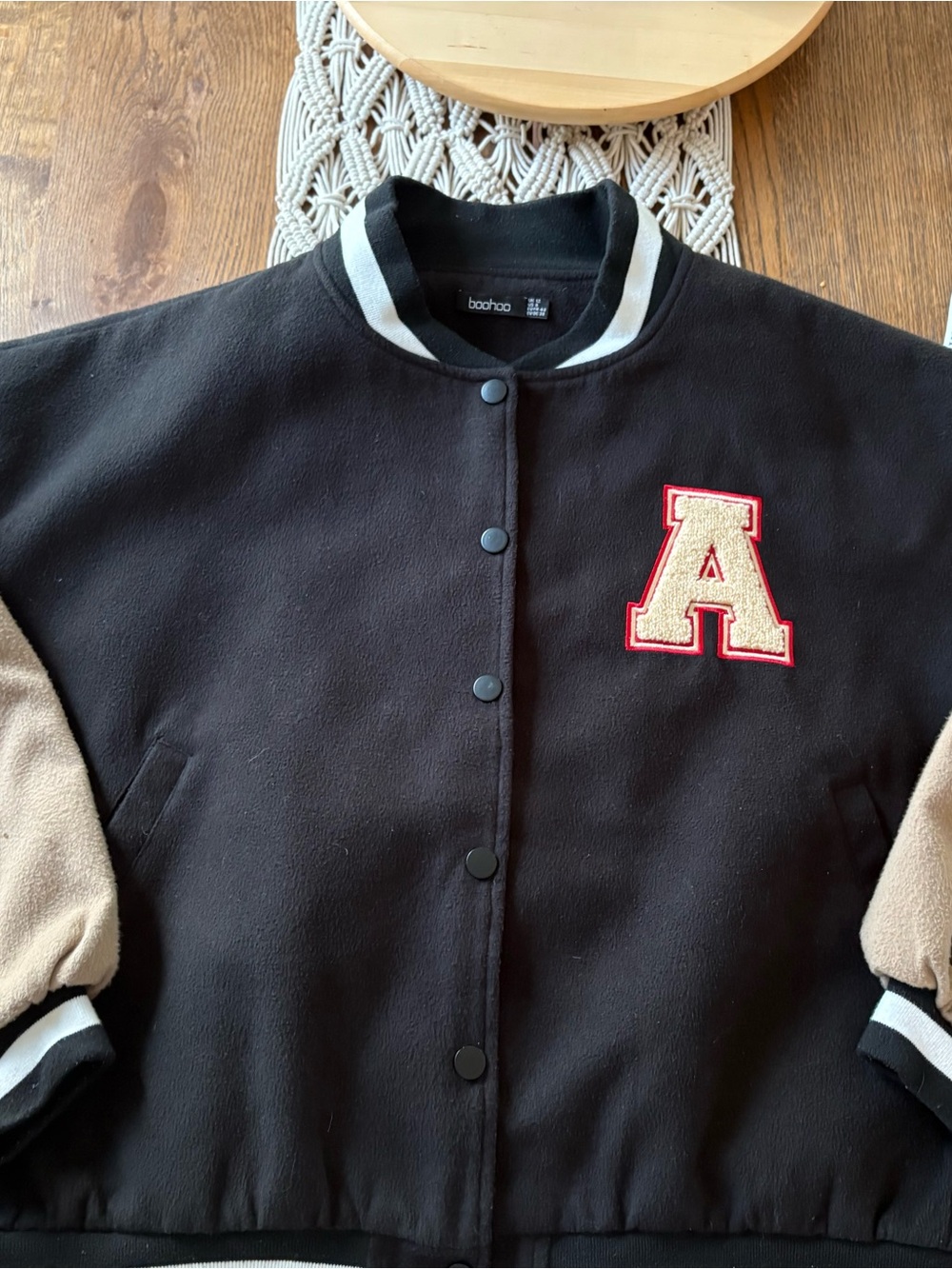 boohoo Black and Tan Varsity Letterman Jacket with 'A' Patch